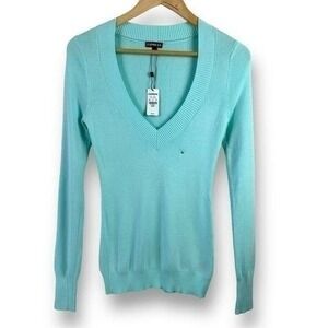 Express Womens V-Neck Sweater Mint Aqua Blue Ribbed Knit Pullover Size M NEW